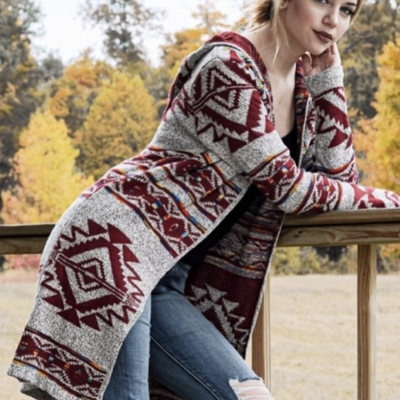 Northern Angel Sweaters - Northern Angel Southwest Aztec Print Hooded Duster Cardigan Sweater Sz. S/M
